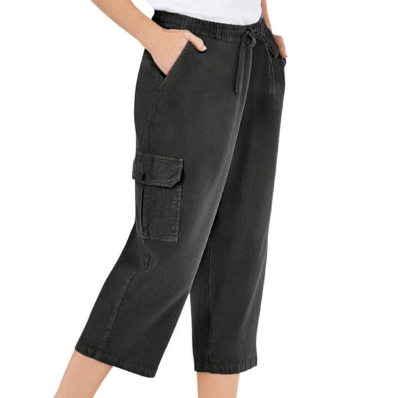 Collections Etc Women's Elastic Waist Cargo Capri Pants with Pockets Black XXX Large