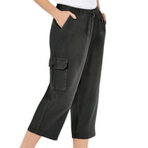 Collections Etc Women's Elastic Stretch Waist Cargo Pocket Capri Pants Black XXX Large