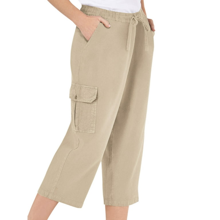 Collections Etc Women's Elastic Stretch Waist Cargo Pocket Capri Pants  Khaki XXX Large