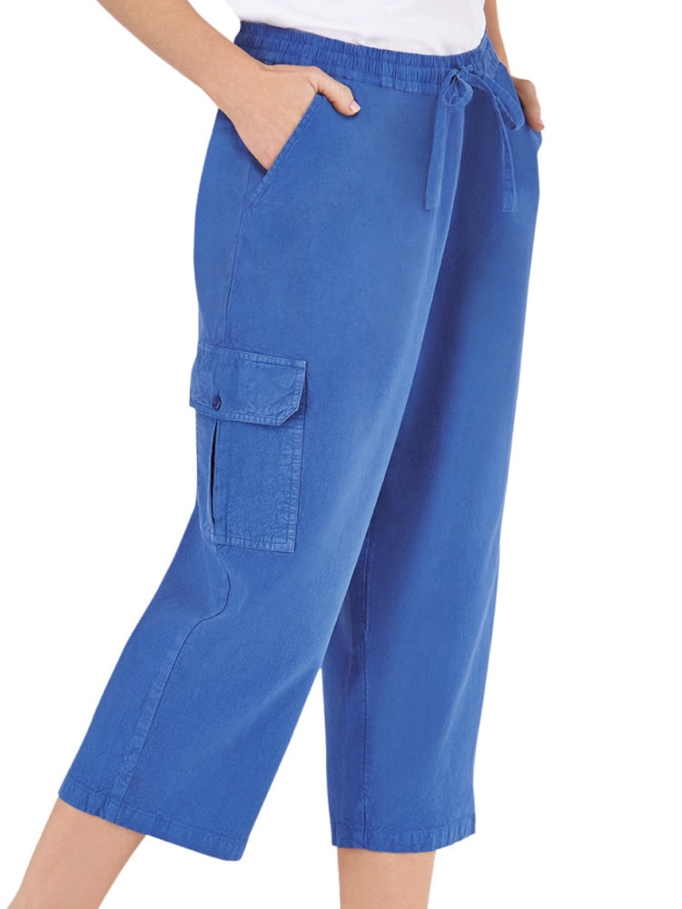 Collections Etc Women's Elastic Stretch Waist Cargo Pocket Capri Pants  Royal Blue XXX Large