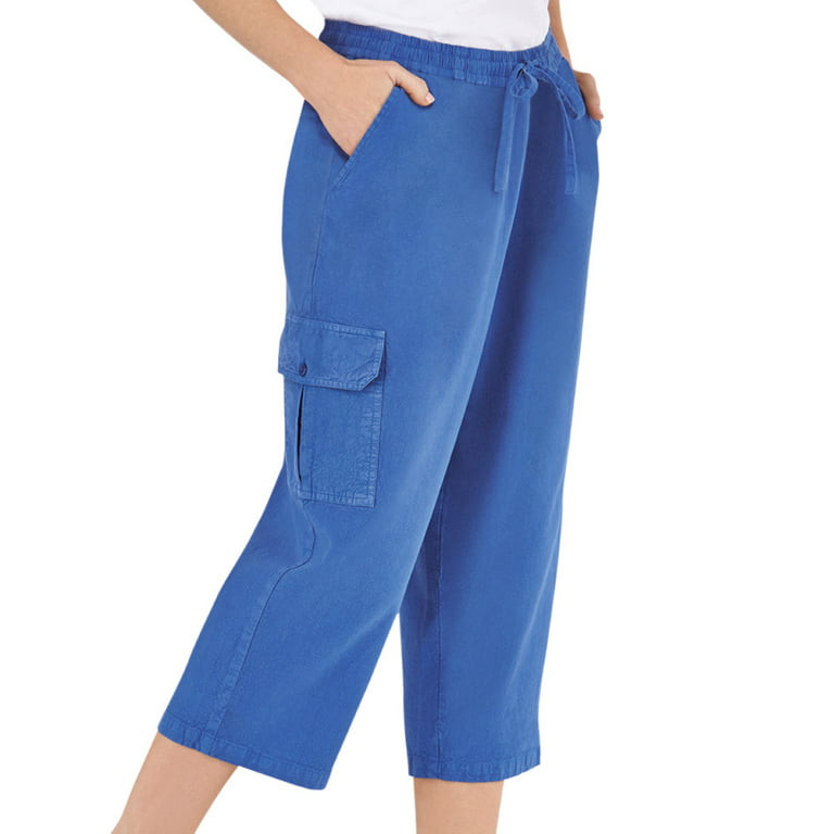 Collections Etc Women's Elastic Waist Cargo Pocket Capri Pant, Royal Blue,  Small
