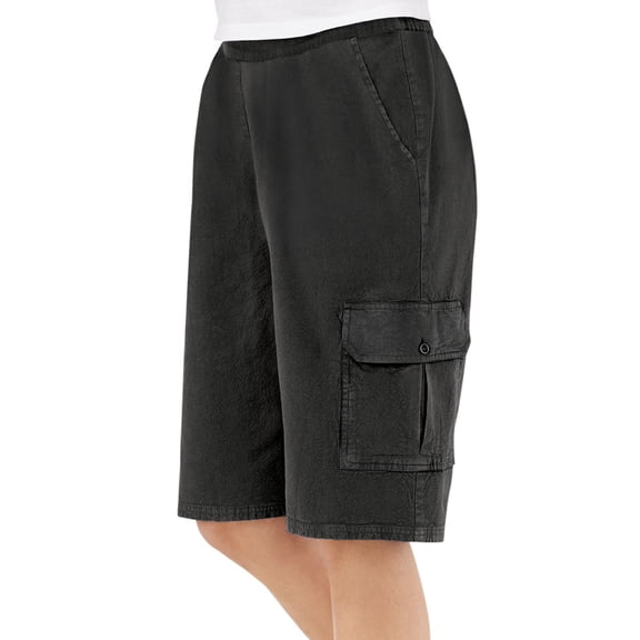 Collections Etc Women's Elastic Waist Cargo Pocket Short, Black, Medium