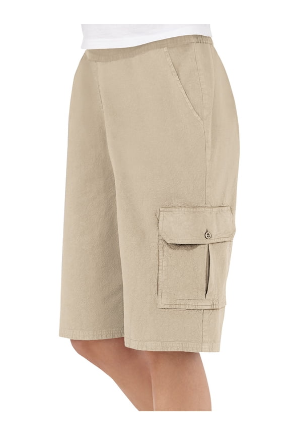 Collections Etc Women's Elastic Waist Cargo Pocket Short, Khaki, Small