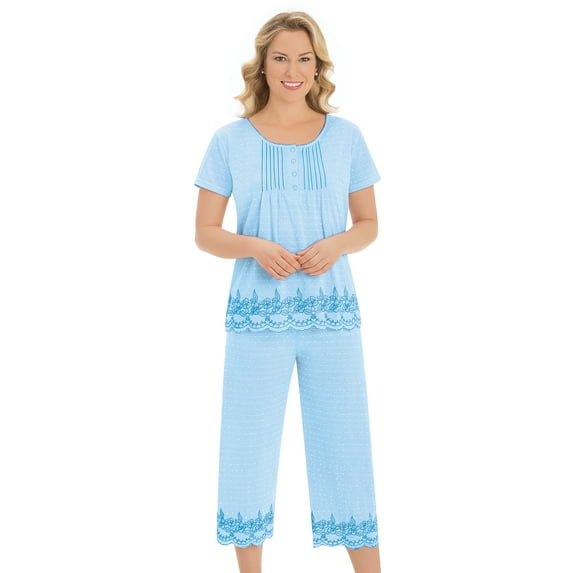 Collections Etc Women's Embroidered Border Pajama Set Blue Large