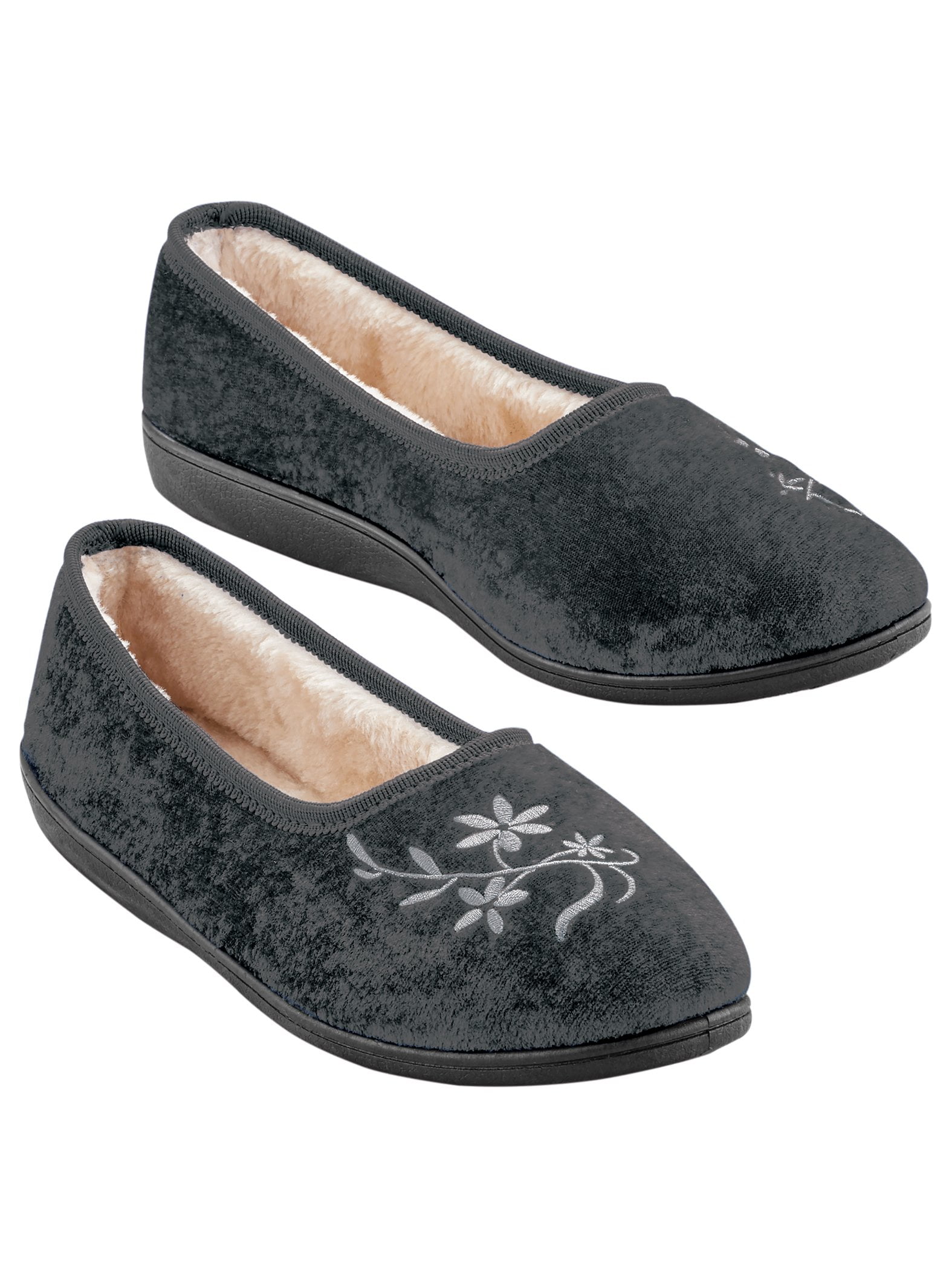 Collections Etc Women's Fleece Lined Embroidered Velvet Slippers Black