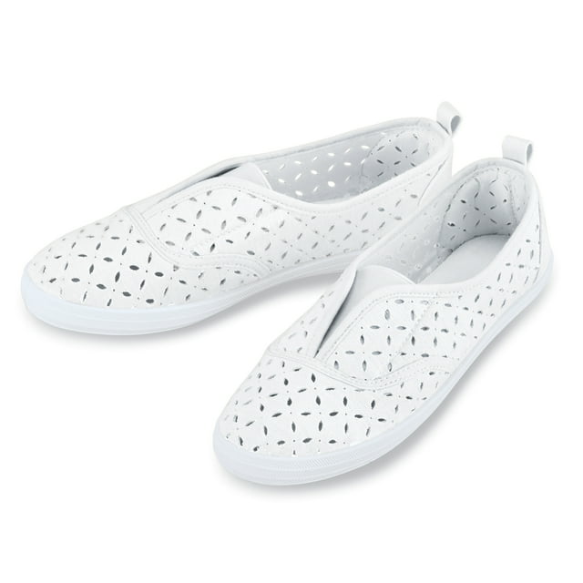 Collections Etc Women's Laser-Cut Pattern Stretch Slip-On Sneakers White 8