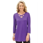 Collections Etc Women's Lattice V-Neck 3/4 Sleeve Long Tunic Top, Made in The USA, Purple, Medium - Made in The USA
