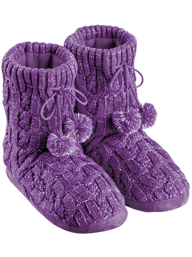 Collections Etc Women's Lurex Cable Knit Slipper Boots with Fleece Lining Purple XLarge