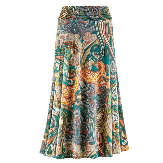 Collections Etc Women's Paisley Print Mid-Length Knit Skirt with Shirred Waistband Emerald Medium