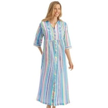 Collections Etc Women's Pastel Striped Lounger with Zip Front and 3/4" Long Sleeves, X-Large