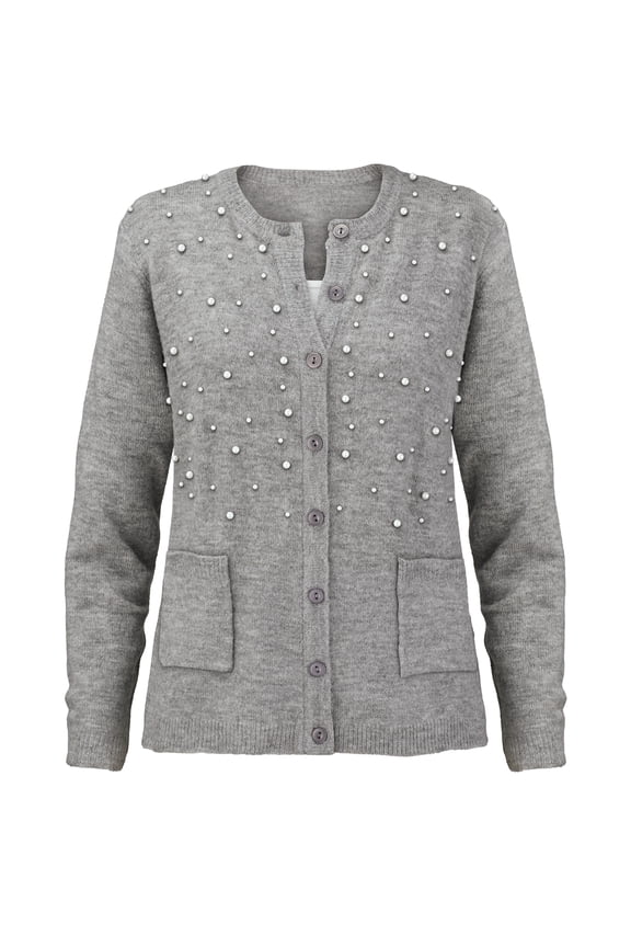 Collections Etc Women's Pearl Trimmed Button Front Cardigan Sweater heather grey Large