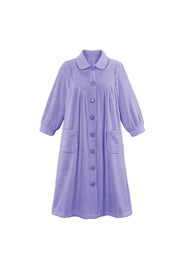 Collections Etc Women's Plush Fleece Button Front Robe with Pockets, Collar, Lavender, Large