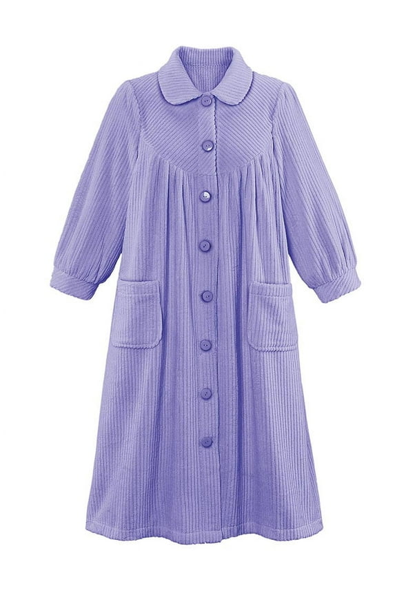 Collections Etc Women's Plush Fleece Button Front Robe with Pockets, Collar, Lavender, X-Large