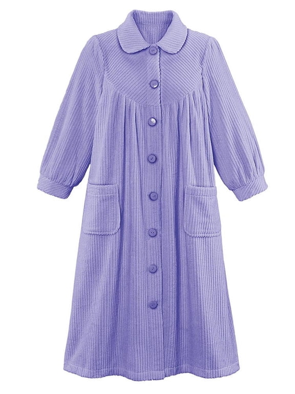 Collections Etc Women's Plush Fleece Button Front Robe with Pockets, Collar, Lavender, X-Large