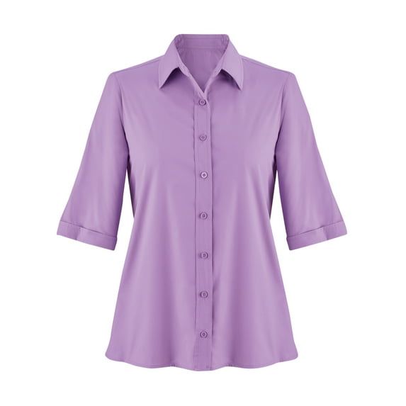 Collections Etc Women's Poplin Weave 3/4 Sleeve Button-Front Stylish Polo Shirt | Royal Blue, Red, White or Lilac | Machine wash | Cotton and polyester
