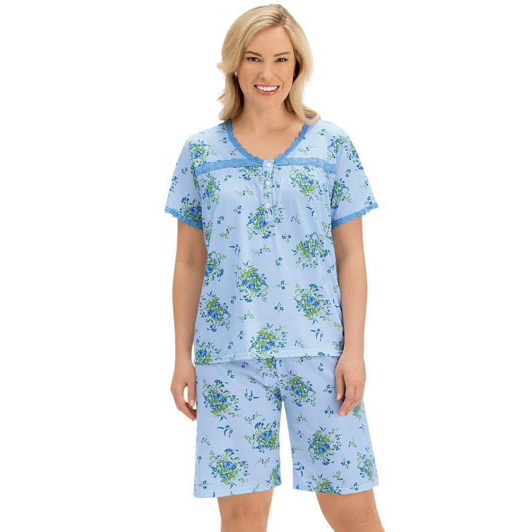 Collections Etc Women s Pretty Floral Design Lace Trim PJ Short Set Blue Large Walmart