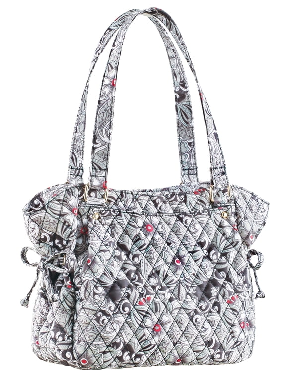 Collections Etc Women's Quilted Floral Print Zippered Handbag Black Multi M