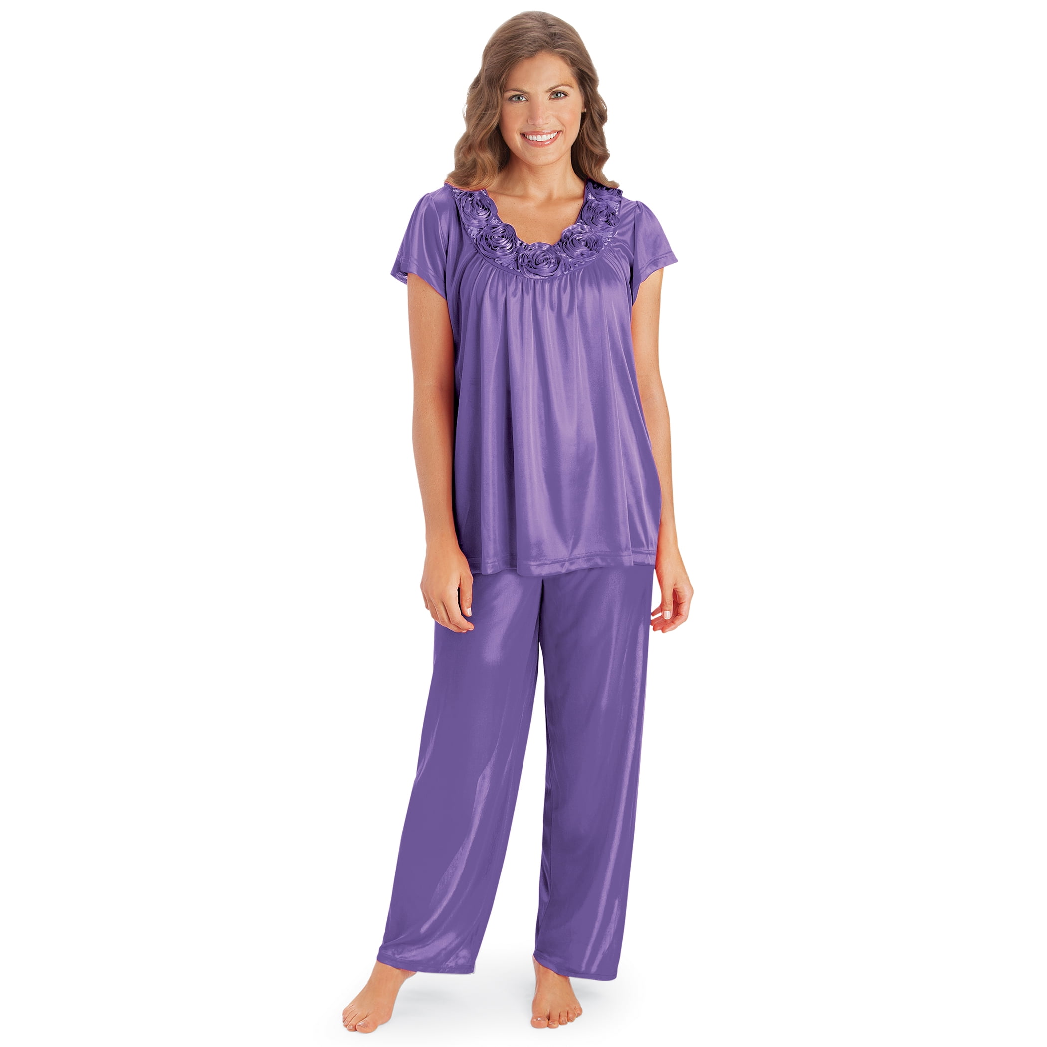 Collections Etc Women's Rose Trim Short Sleeve Pajama Set Purple