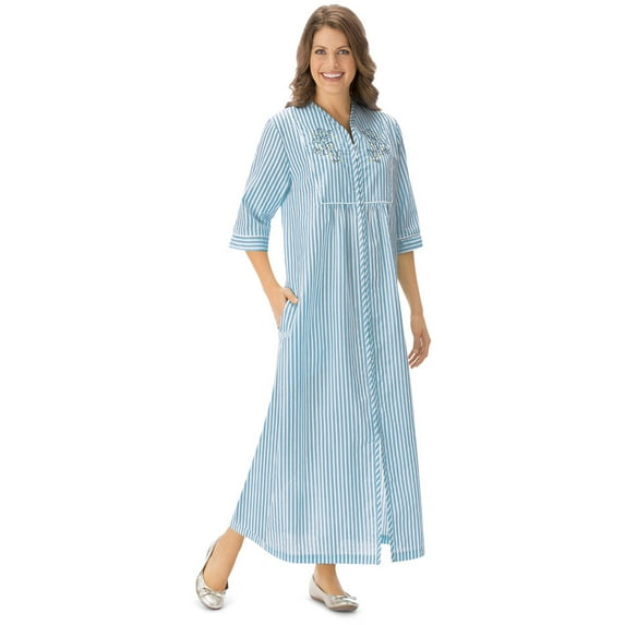 Collections Etc Women's Seersucker Embroidered Floral Lounger, Blue, Xx-Large