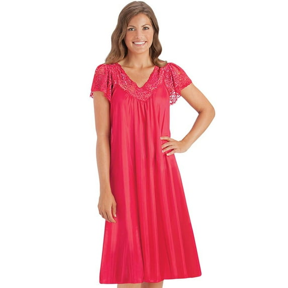 Collections Etc Women's Silky Lace Neckline Tricot Gown Misses Red XXX Large, Red, XXX Large