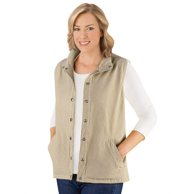 Collections Etc Women's Snap Front and Cinch Back Sleeveless Vest with Front Slant Pockets - Flattering Layering Piece for Outfit, Khaki, X-Large