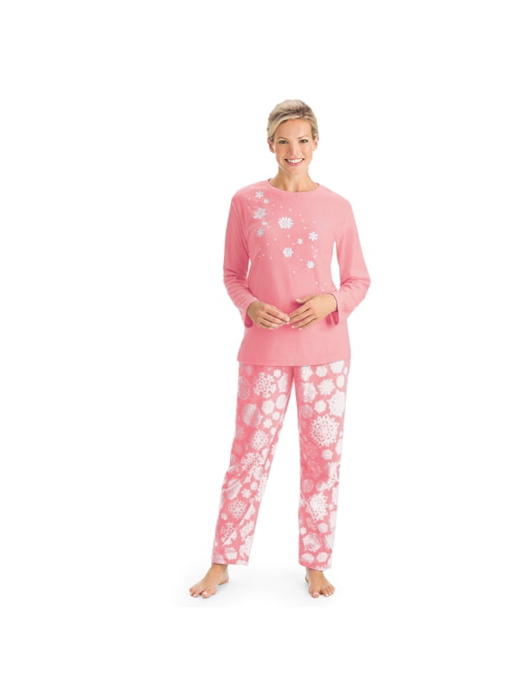 Collections Etc Women's Snowflake Tunic & Fleece Pajama Set Pink Large