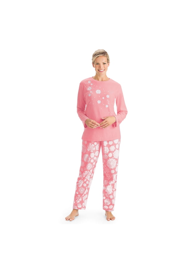 Collections Etc Women's Snowflake Tunic & Fleece Pajama Set Pink X-Large