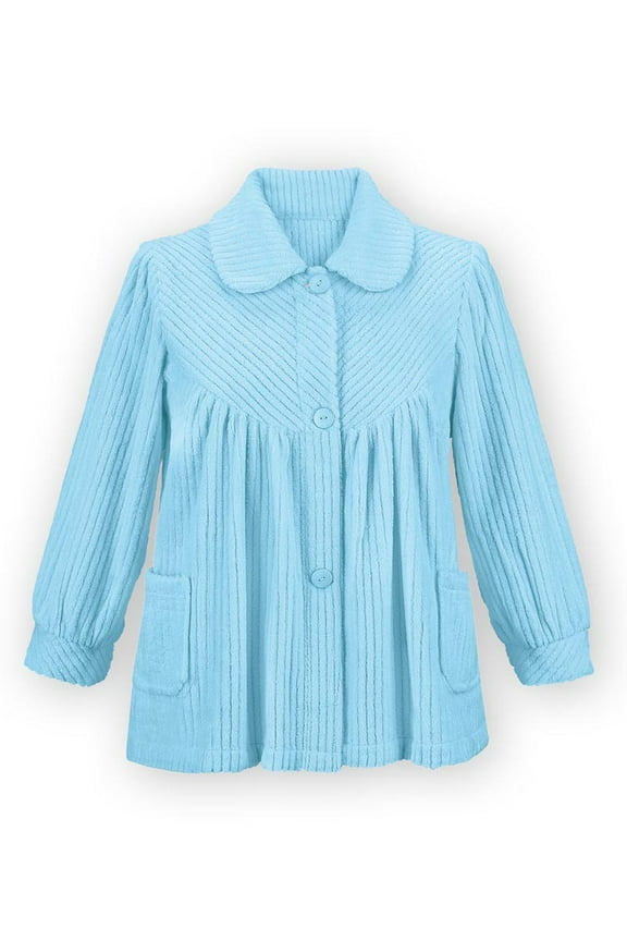 Collections Etc Women's Soft Fleece Button Down Night Shirt with Pockets - Comfy Flattering Fit Over Pajamas or Nightgown, Light Blue, Medium
