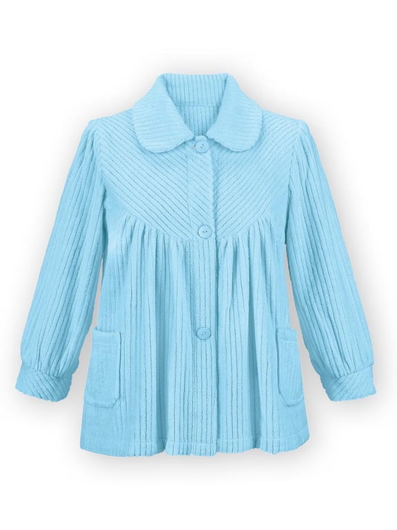 Collections Etc Women's Soft Fleece Button Down Night Shirt with Pockets - Comfy Flattering Fit Over Pajamas or Nightgown, Light Blue, Xx-Large