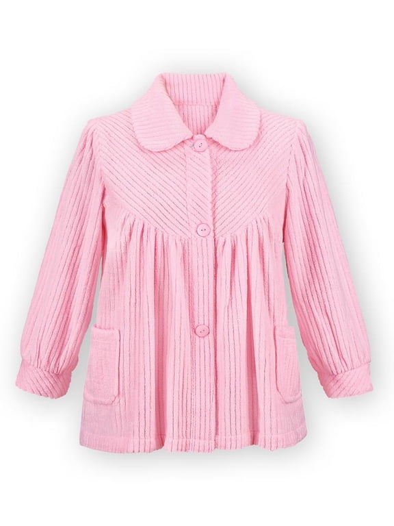 Collections Etc Women's Soft Fleece Button Down Night Shirt with Pockets - Comfy Flattering Fit Over Pajamas or Nightgown, Pink, Medium
