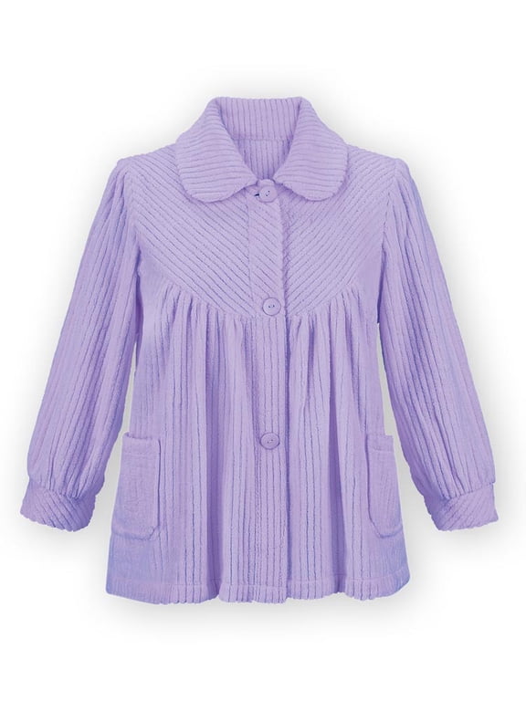 Collections Etc Women's Soft Fleece Full-Button Front Bed Jacket with Pockets Lavender XXX Large
