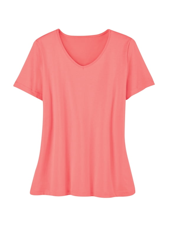 Collections Etc Women's Soft Knit V-Neck Short-Sleeve Basic Cotton and Polyester Tee coral rose XX-Large