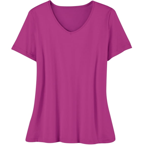 Collections Etc Women's Soft Knit V-Neck Short-Sleeve Basic Cotton and Polyester Tee deep orchid Large