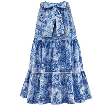 Collections Etc Women's Soft Paisley Print Tiered Elasticized Waist Skirt with Bow Blue Multi X-Large