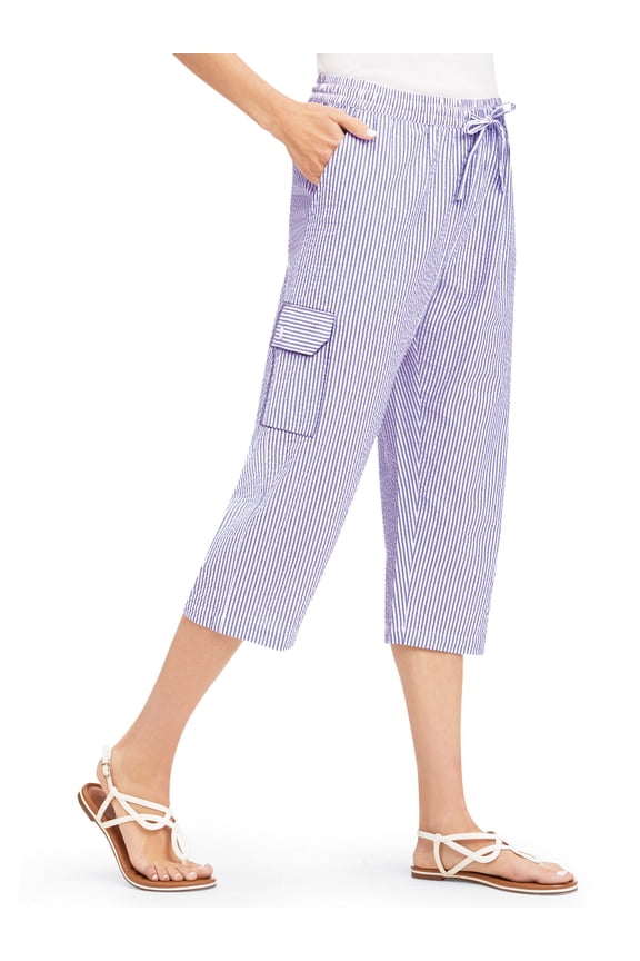 Collections Etc Women's Striped Seersucker Drawstring Cargo Pocket Capri Pants Lilac Large