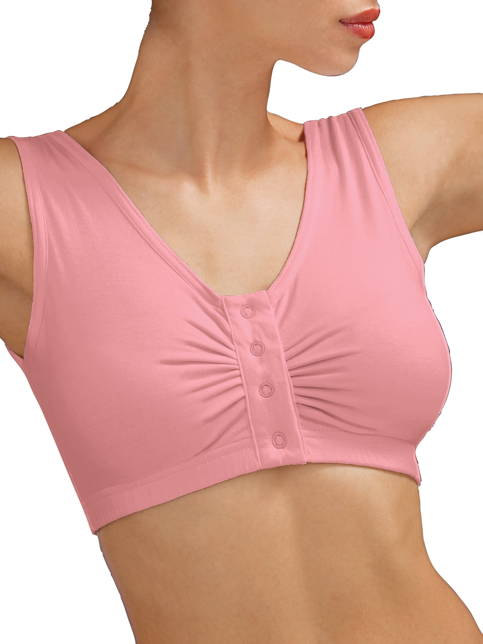 Collections Etc Women's Wide Shoulder Strap Seamless Easy-Close Snap Front  Bra Pink Large 