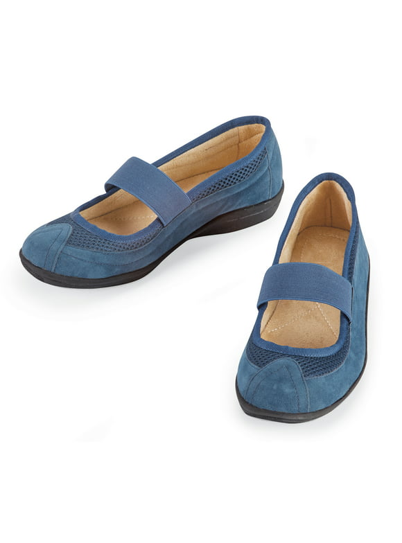 Collections Etc Womens Extra-Wide Width Mary Jane Strap Shoes | Stretch Straps | Microsuede Insoles | Mesh Uppers | Lightweight Flexible Rubber Soles | Synthetic Fibers