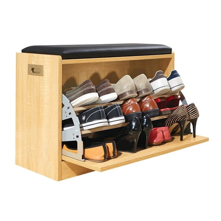 Collections Etc Wooden Shoe Cabinet Storage Bench w/Seat Cushion - Holds up to 12 Pairs, Natural