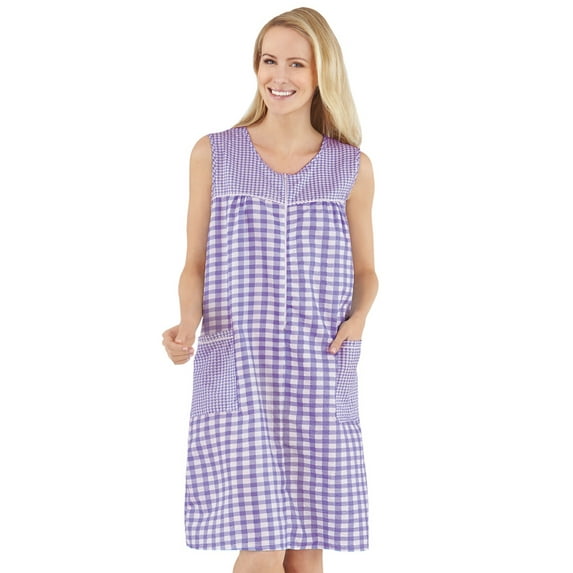 Collections Etc Women's Half-Zip Front Sleeveless Pocket Dress with Checkered Pattern Design, Comfortable Loungewear for Around The House, Lavender, Xx-Large