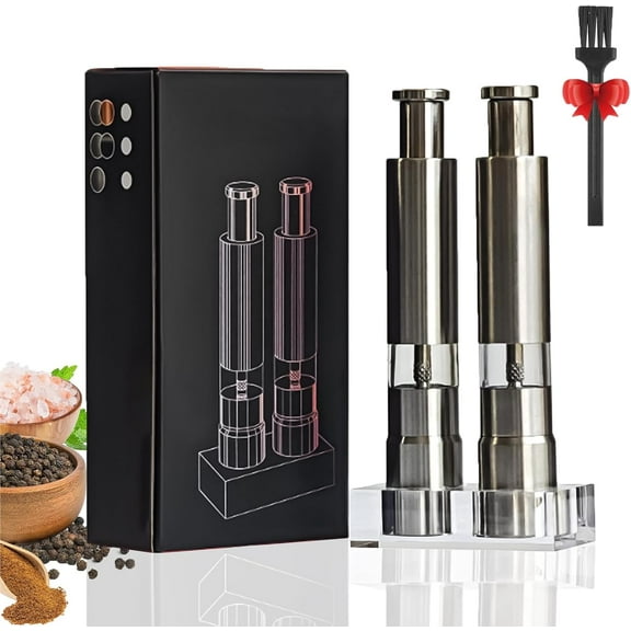 Collective Stainless Steel Salt and Pepper Grinder, Press Type Salt and Pepper Grinder Set with Thumb Button for One Hand Operation for Black Pepper, Spice and Salt (2Pcs+Base)