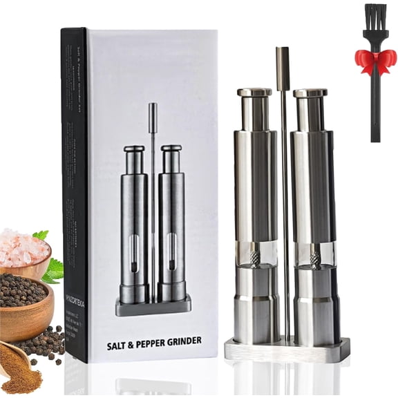Collective Stainless Steel Salt and Pepper Grinder, Press Type Salt and Pepper Grinder Set with Thumb Button for One Hand Operation for Black Pepper, Spice and Salt (2Pcs+iron frame)