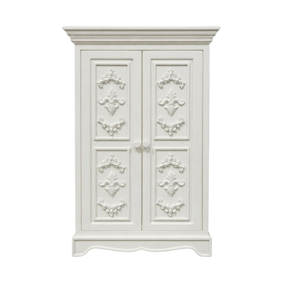 Collector Bedroom Wardrobe Cabinet, Small-Scale French Armoire Furniture with Double Doors and White Relief Panels for Room Box Decor