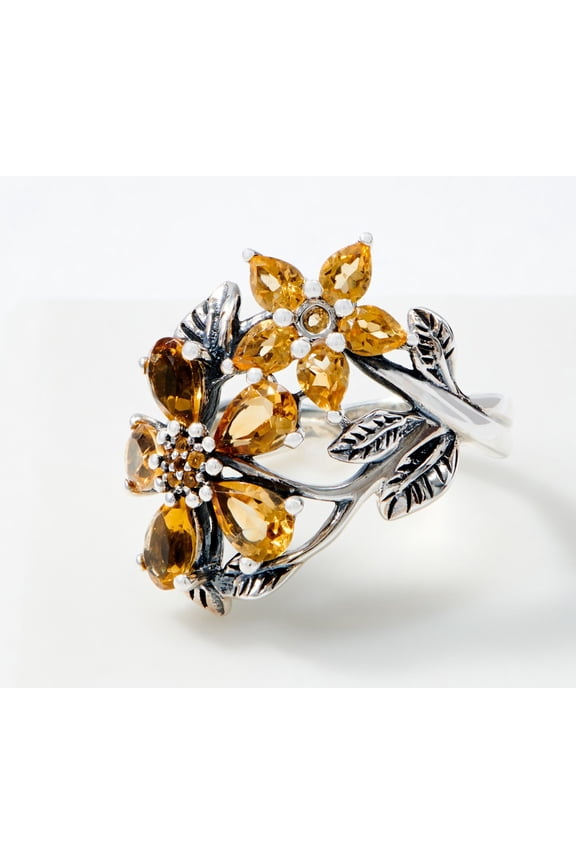 Sterling Silver Citrine Flowers Ring, Size 7