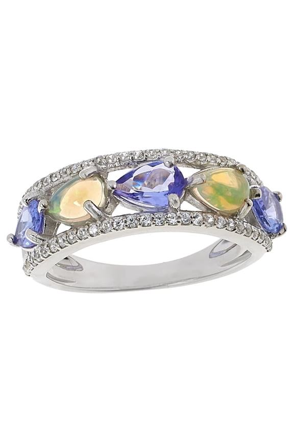 Sterling Silver Opal, Tanzanite, & White Zircon Band Ring, Size 8
