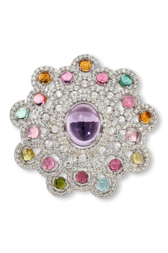 Sterling Silver Pink Amethyst & Multigem Round Cluster Ring, Size 6