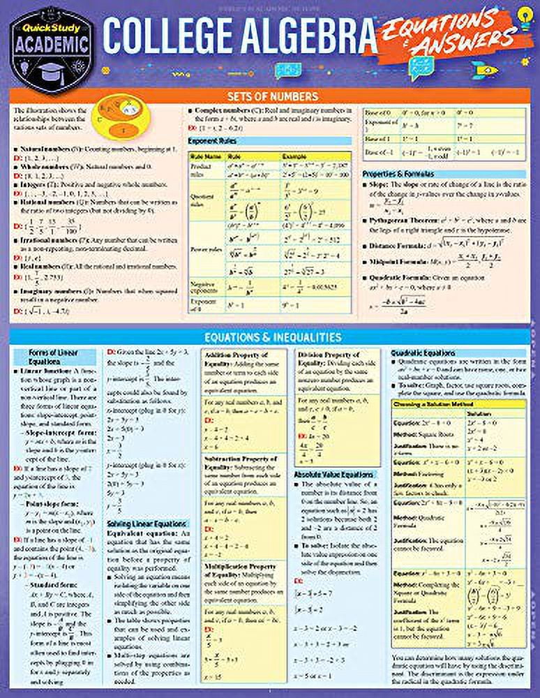 College Algebra Equations & Answers: A Quickstudy Laminated Reference ...