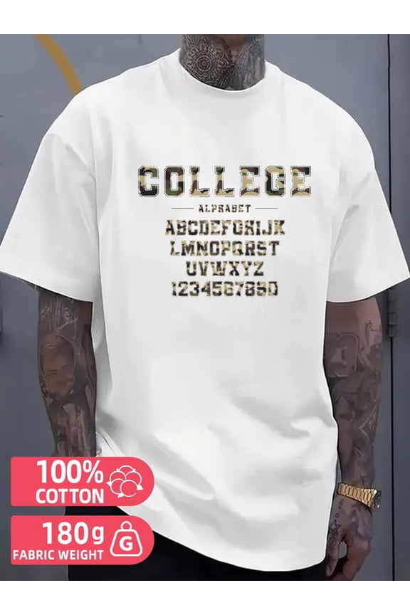 College Alphabet Tee mens white 180G 100% Cotton Refreshing and lightweight,perfect for summer sports and leisure wear Casual Unisex Shirt Crewneck tshirts