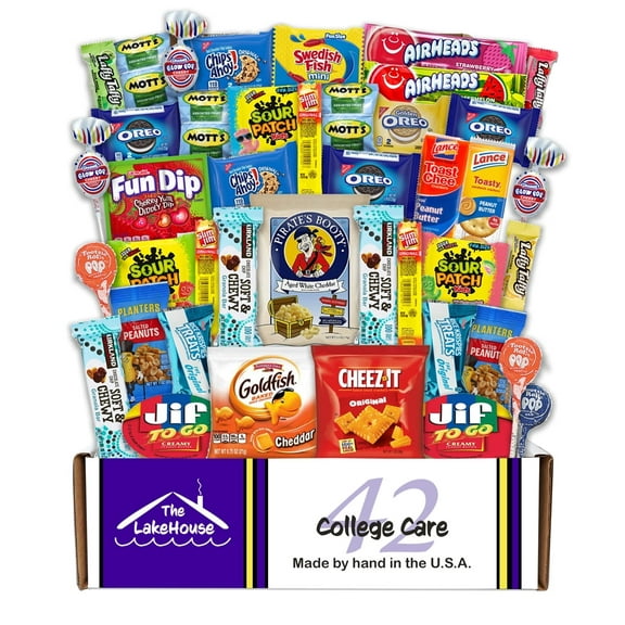 College Care Package Snack Box - 42 Count - Snack Packs for Boys Girls Men Women Students Soldiers - Back to School Care Packages for College Students - Gift Basket - Snack Boxes from The LakeHouse