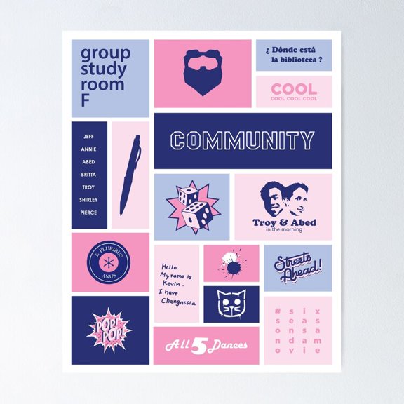College Comedy Sitcom Community Collage Pink Blue Aesthetic Pop Art, Unframed Poster