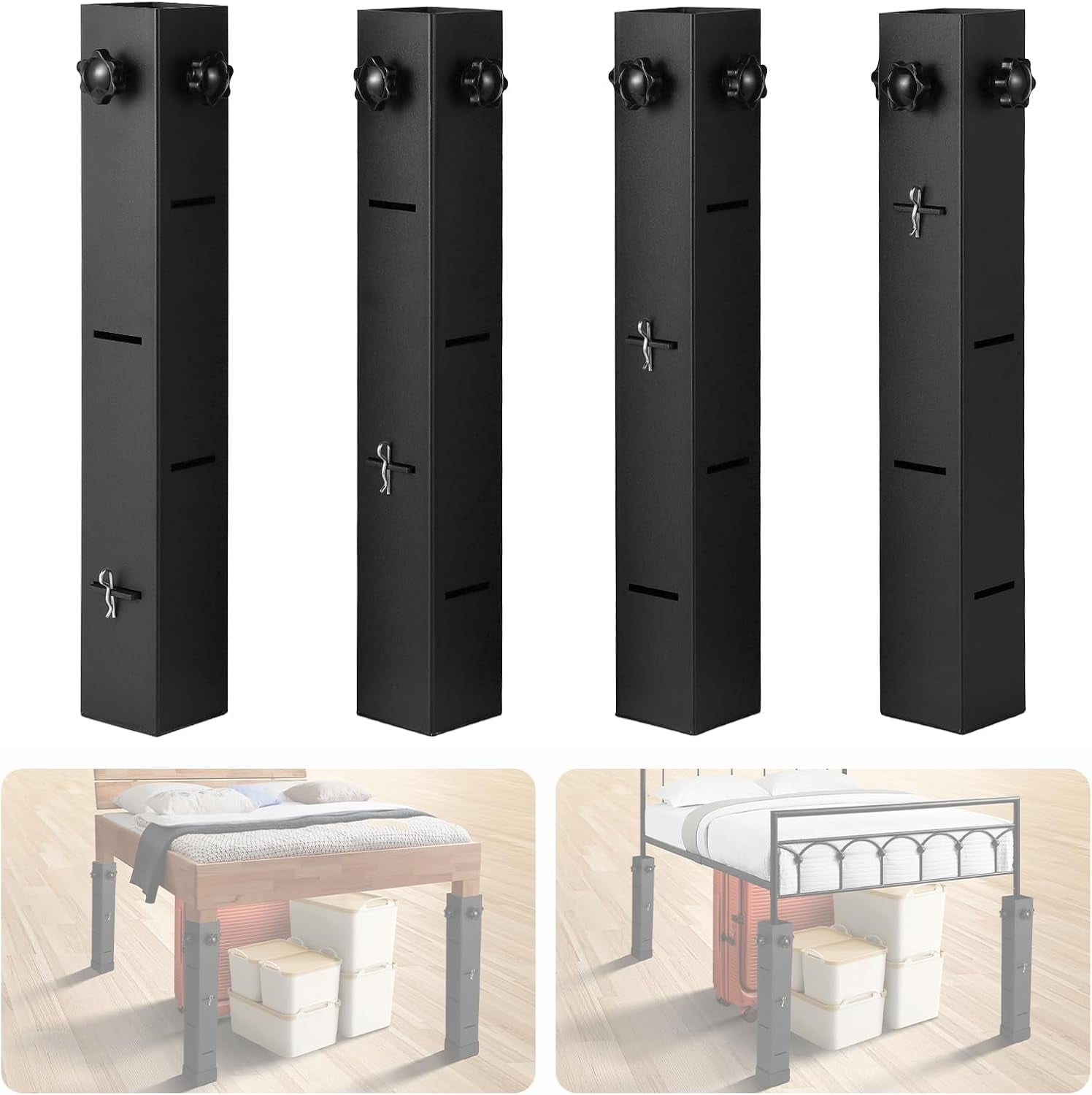 Bed Risers Heavy Duty IRONWALLS 4-Pack Metal Bed Riser For Dorm Room, 3.15" Diameter Square Bed Frame Risers Adjustable Furniture Risers Lift To 11", 8", 5", 3" Height, College Dorm Bed Lifting